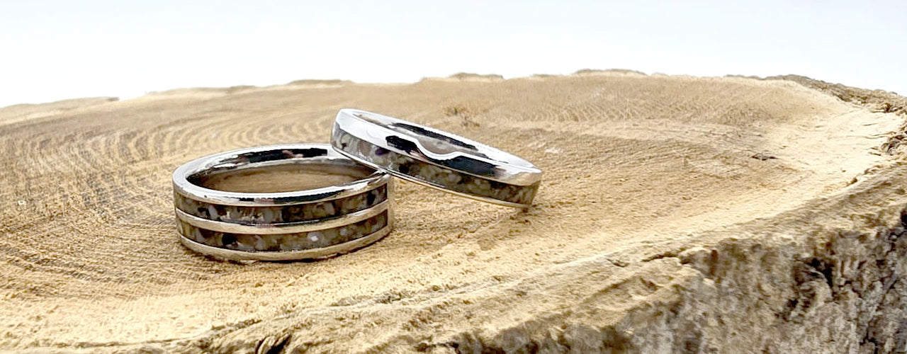 A Love Story Set in Sand: Custom Wedding Bands & Eternity Ring