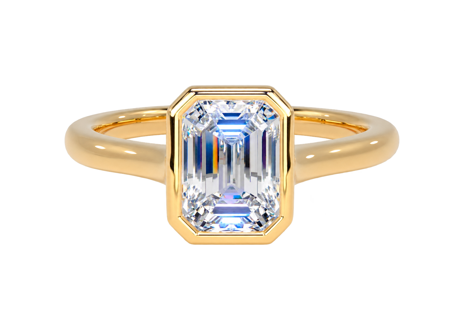 A yellow gold ring featuring a rectangular emerald-cut clear gemstone, set against a clean white background.
