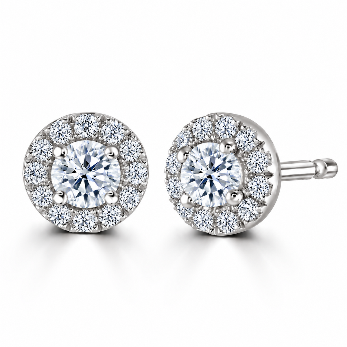 Round Diamond White Gold Earrings, Micro Set Halo | RE1001