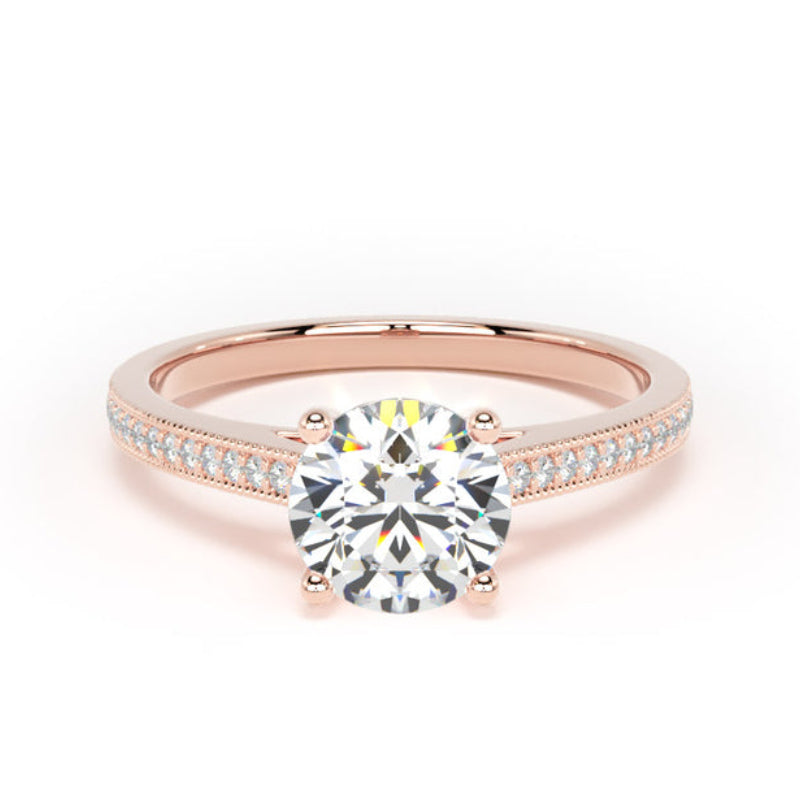 Round Diamond Shoulder Set Engagement Ring, Millgrain | RSM01