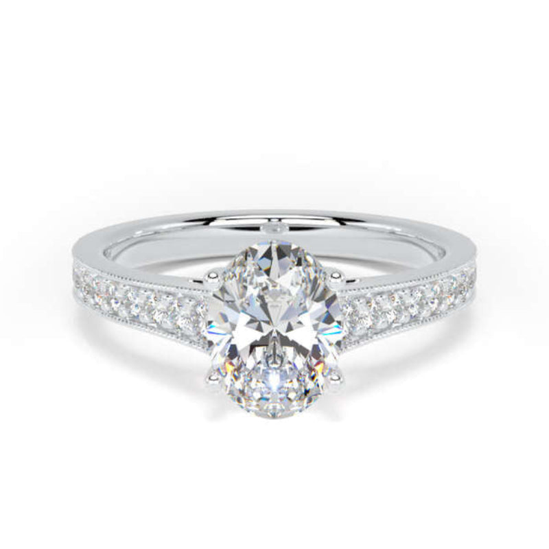 Oval Diamond Grain Shoulder Set Ring, Tapered | OSM01