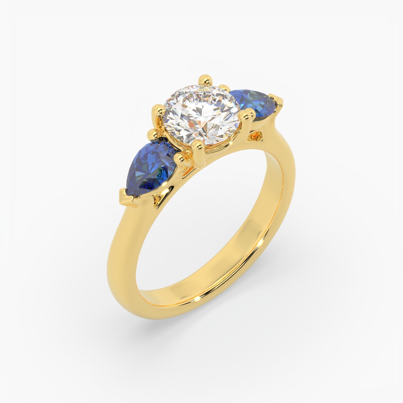 Round & Pear Blue Sapphire Yellow Gold Ring, Claw Set Trilogy | SMR RX4831SA