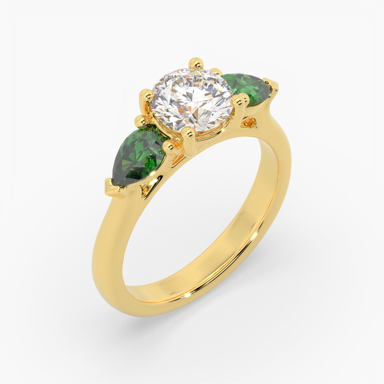 Round & Pear Emerald Yellow Gold Ring, Claw Set Trilogy | SMR RX4831EM