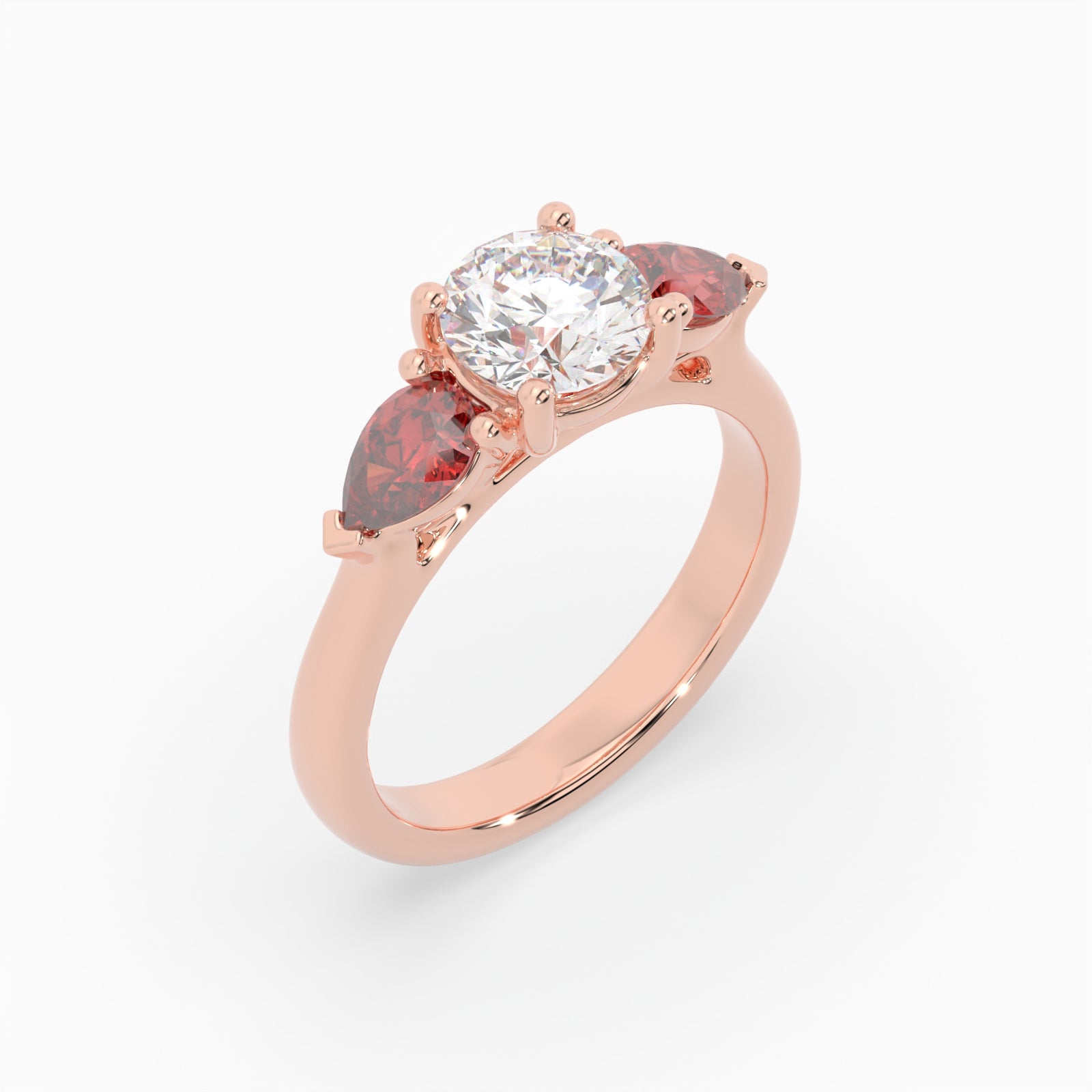 Round & Pear Ruby Rose Gold Ring, Claw Set Trilogy | SMR RX4831RU