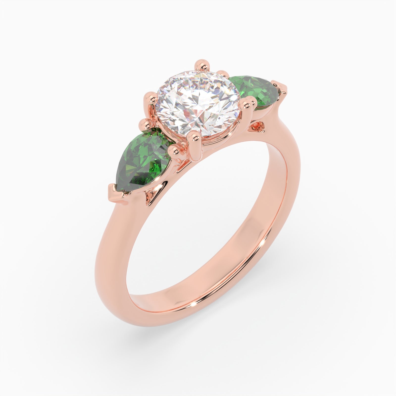 Round & Pear Emerald Rose Gold Ring, Claw Set Trilogy | SMR RX4831EM