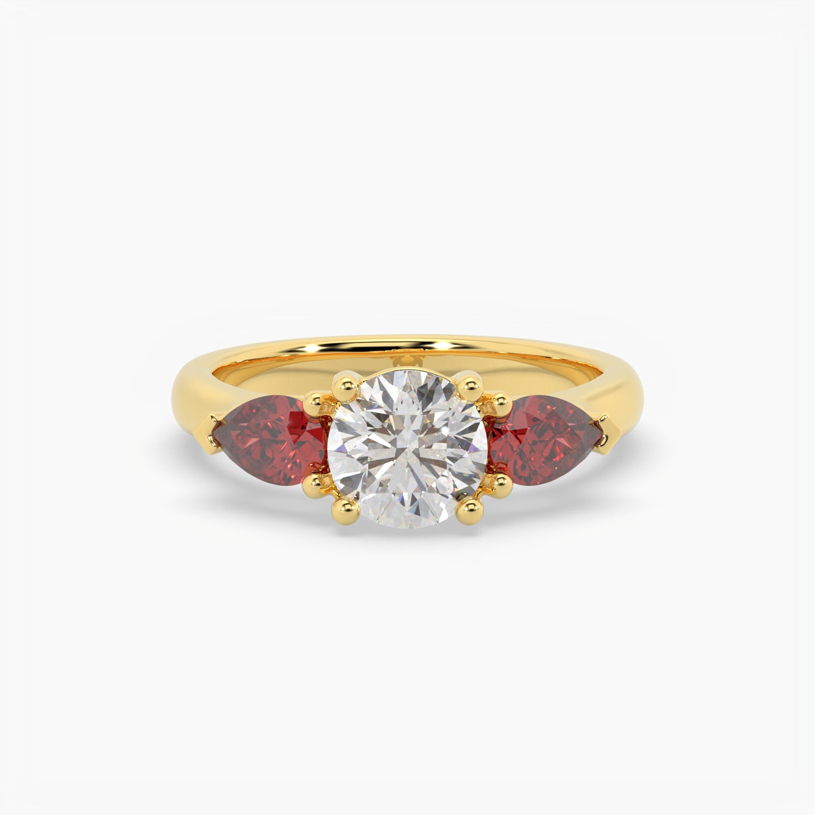 Round & Pear Ruby Yellow Gold Ring, Claw Set Trilogy | SMR RX4831RU