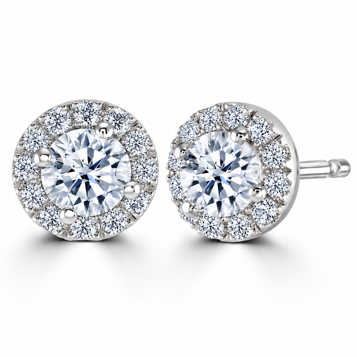 Round Diamond White Gold Earrings, Micro Set Halo | RE1001