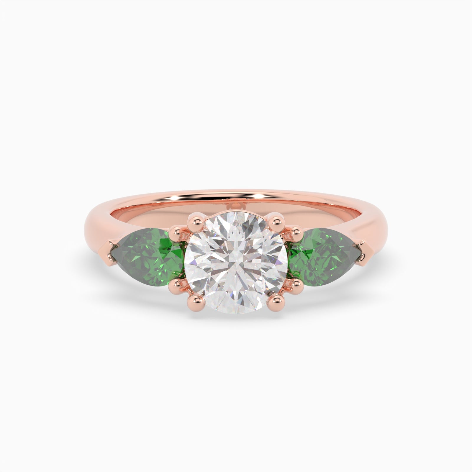 Round & Pear Emerald Rose Gold Ring, Claw Set Trilogy | SMR RX4831EM