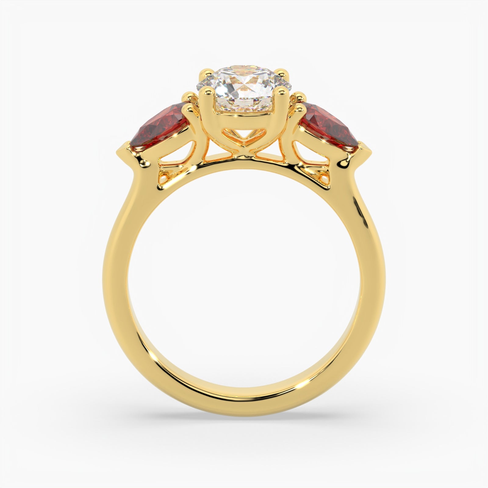 Round & Pear Ruby Yellow Gold Ring, Claw Set Trilogy | SMR RX4831RU