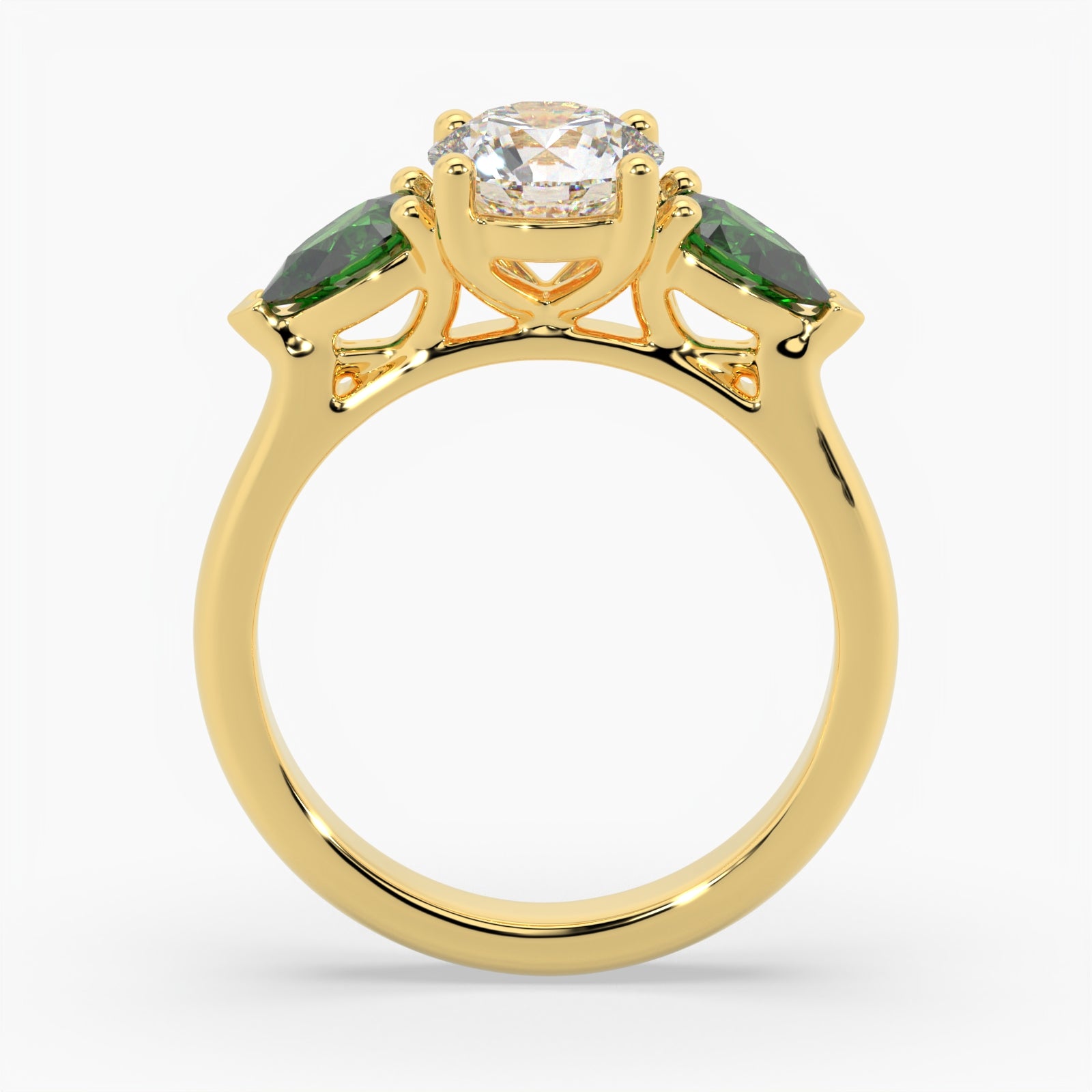 Round & Pear Emerald Yellow Gold Ring, Claw Set Trilogy | SMR RX4831EM