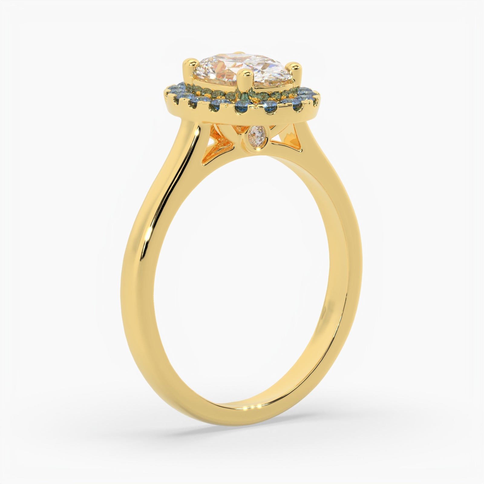 Oval Diamond Yellow Gold Ring, Peekaboo Diamond & Sapphire Halo | OHP02SA LGO