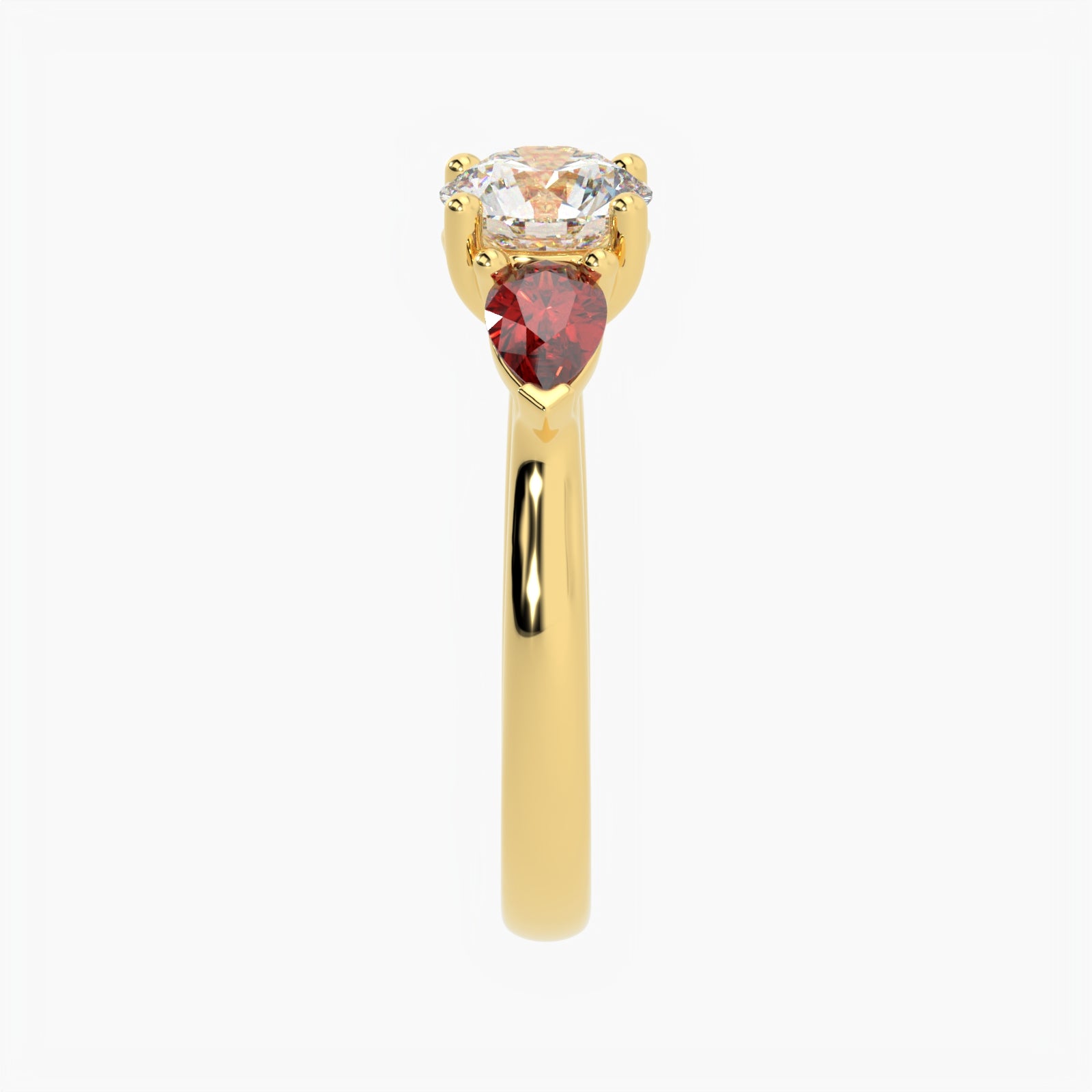 Round & Pear Ruby Yellow Gold Ring, Claw Set Trilogy | SMR RX4831RU