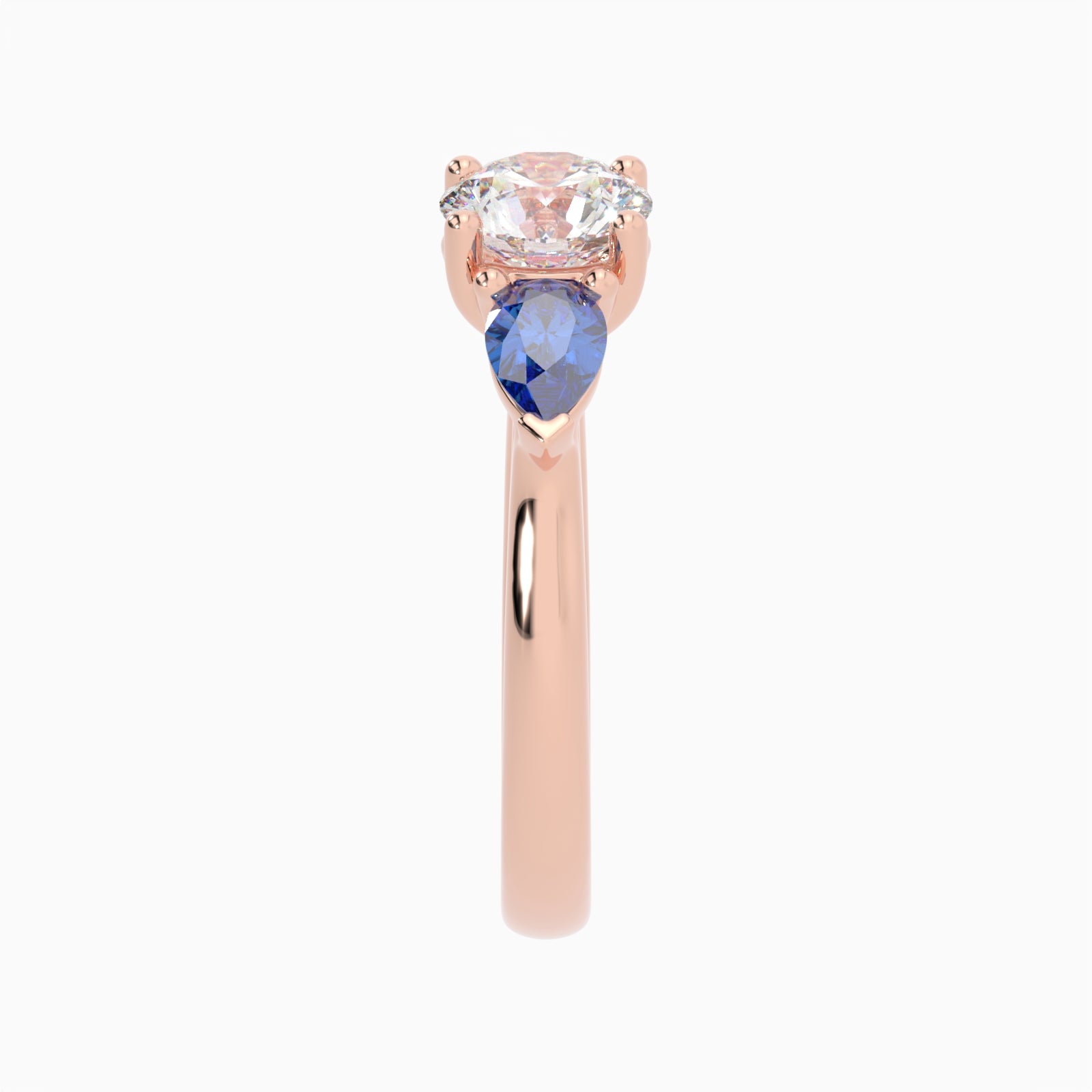 Round & Pear Blue Sapphire Rose Gold Ring, Claw Set Trilogy | SMR RX4831SA