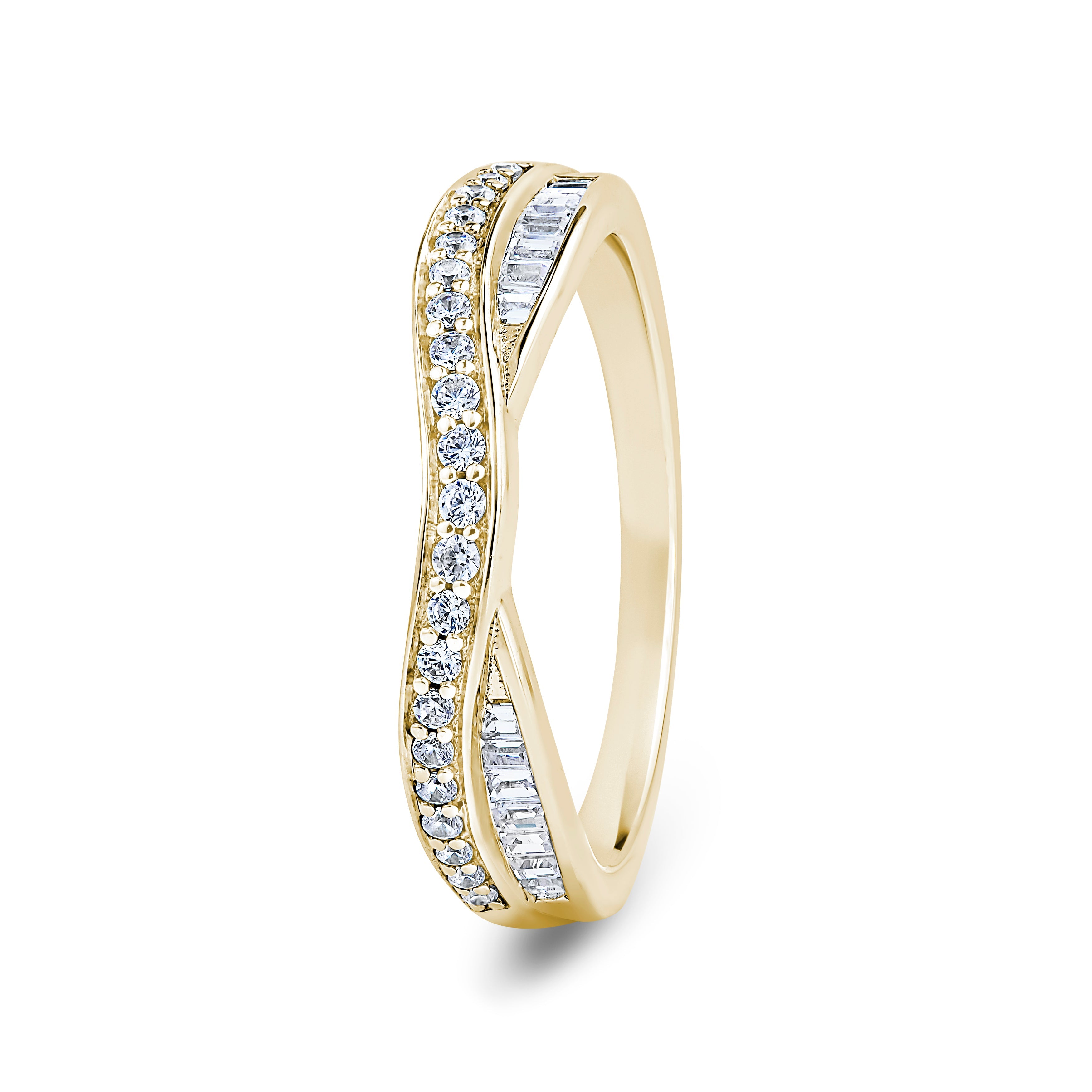 Round & Baguette, Double Twist, Yellow Gold Half Set Eternity Ring