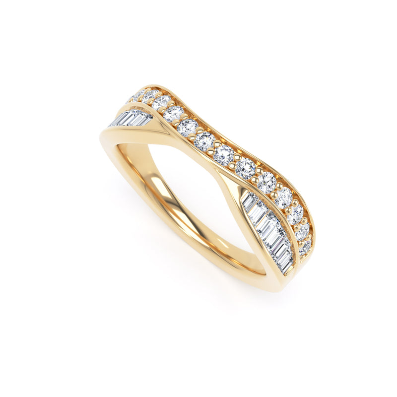 Round & Baguette Diamond Yellow Gold Ring, Entwined Band Half Eternity | ET1228