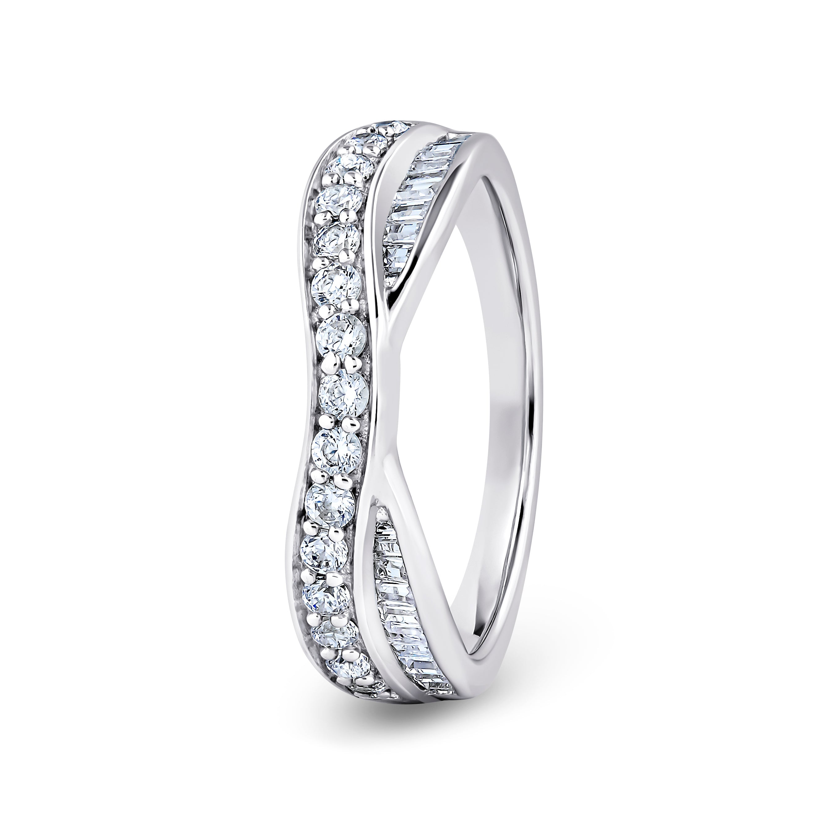 Round & Baguette, Double Twist, White Gold Half Set Eternity Ring