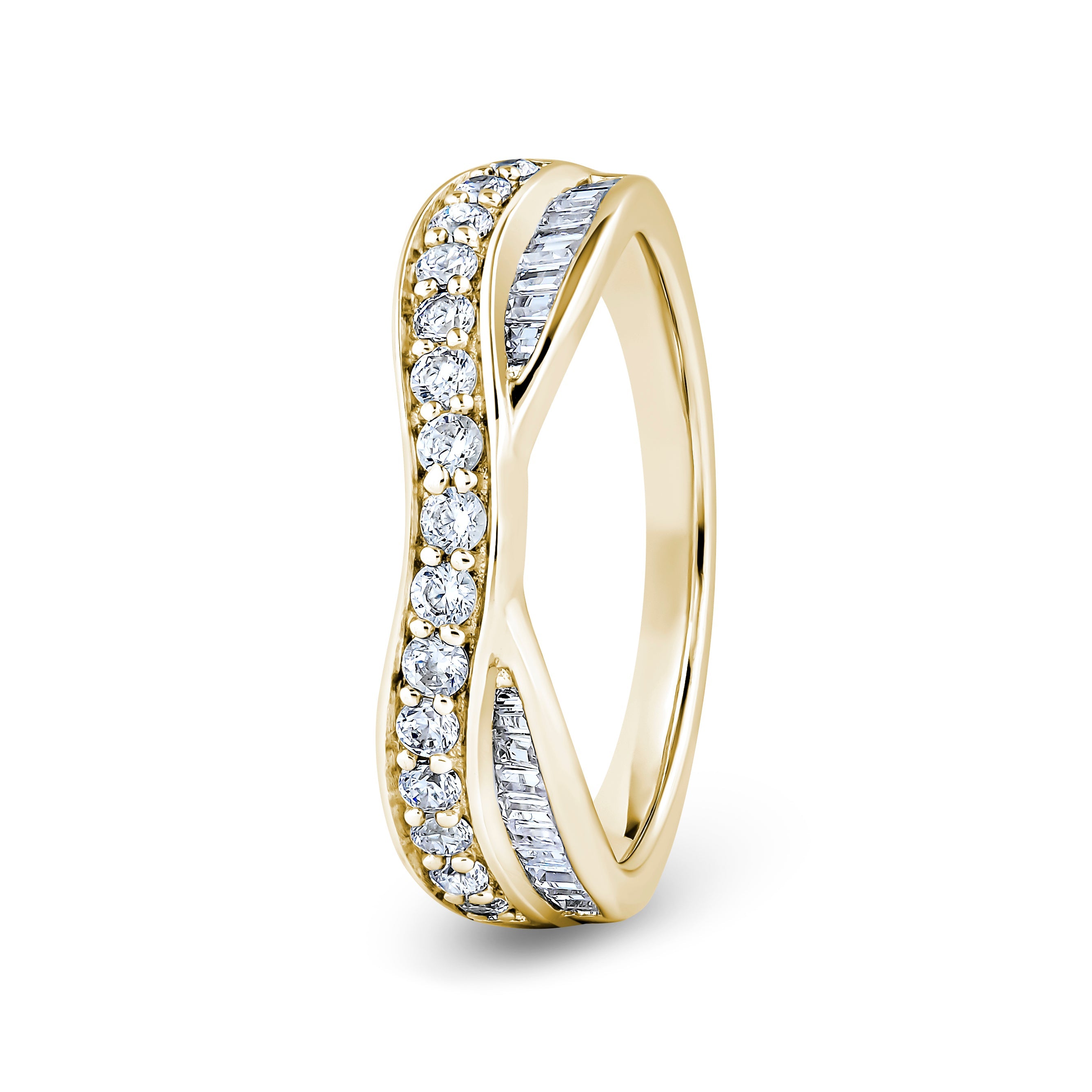 Round & Baguette, Double Twist, Yellow Gold Half Set Eternity Ring