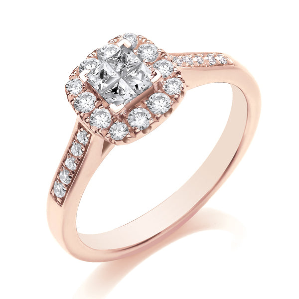 Princess & Round Rose Gold Cluster Ring, Shoulder Set | CCG01