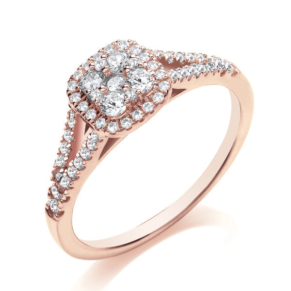 Round Rose Gold Cluster Ring, Split Shoulder Set | CCW01