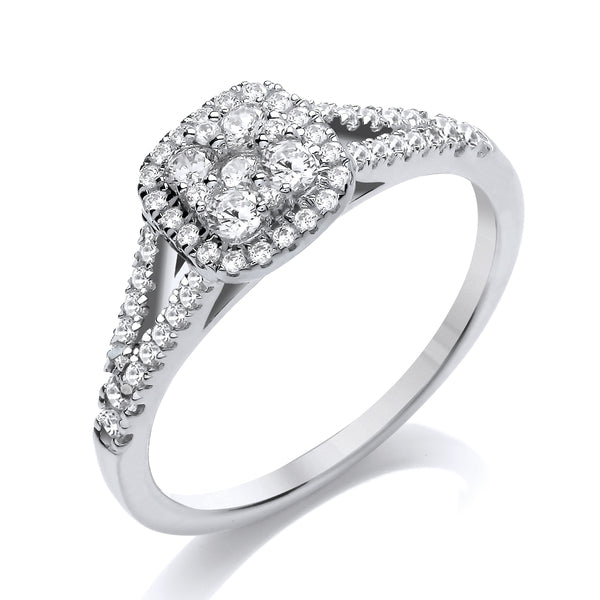 Round White Gold Cluster Ring, Split Shoulder Set | CCW01