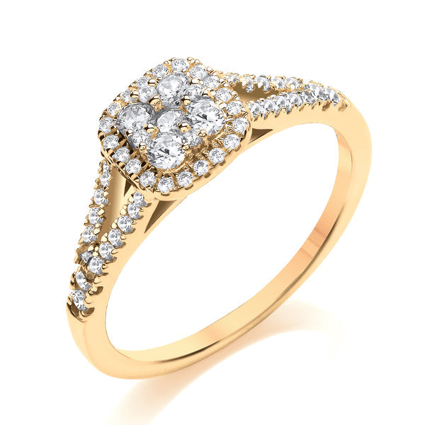 Round Yellow Gold Cluster Ring, Split Shoulder Set | CCW01