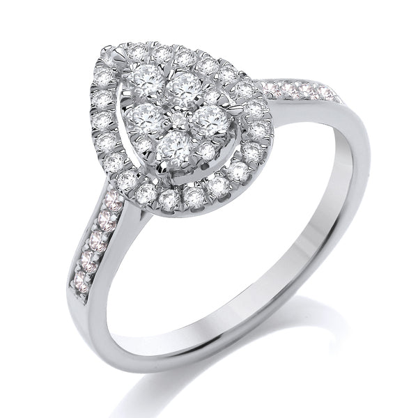 Round White Gold Pear Shaped Cluster Ring, Shoulder Set | CDG01