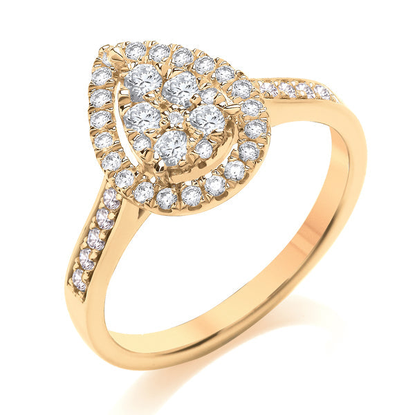 Round Yellow Gold Pear Shaped Cluster Ring, Shoulder Set | CDG01