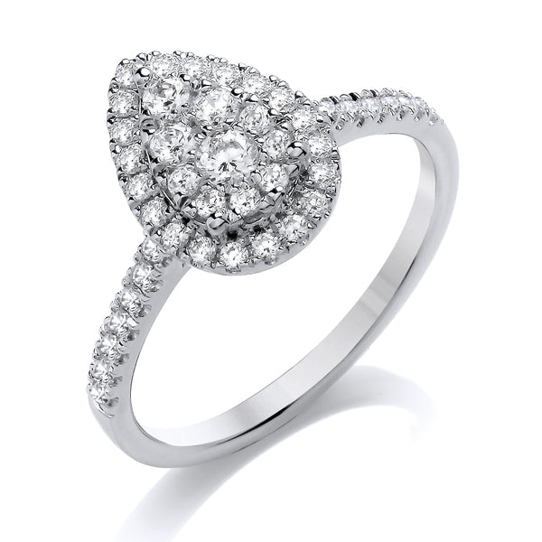 Round White Gold Pear Shaped Cluster Ring, Fishtail Shoulder Set | CDW01