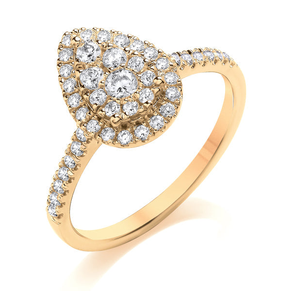 Round Yellow Gold Pear Shaped Cluster Ring, Fishtail Shoulder Set | CDW01