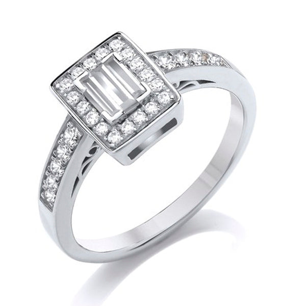 Emerald & Round Cut Platinum Cluster Ring, Shoulder Set | CEG01