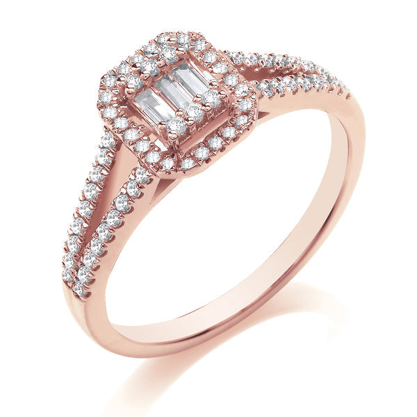 Emerald & Round Cut Rose Gold Cluster Ring, Split Shoulder Set | CEW01