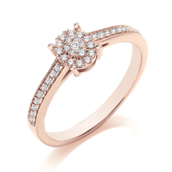 Round Rose Gold Cluster Ring, Grain Shoulder Set | COG01