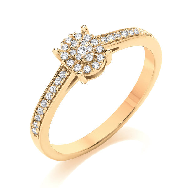 Round Yellow Gold Cluster Ring, Grain Shoulder Set | COG01