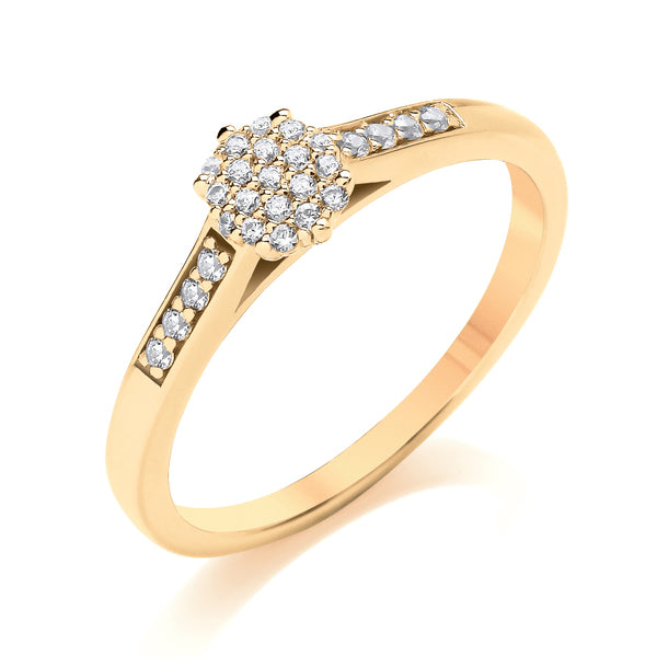 Round Yellow Gold Cluster Ring, Shared Shoulder Set | COG02