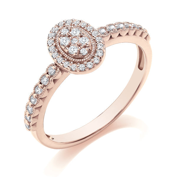 Round Rose Gold Cluster Ring, Millgrain Bezel Shoulder Set | COM01