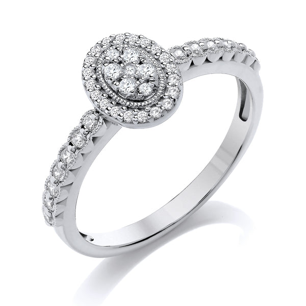 Round White Gold Cluster Ring, Millgrain Bezel Shoulder Set | COM01
