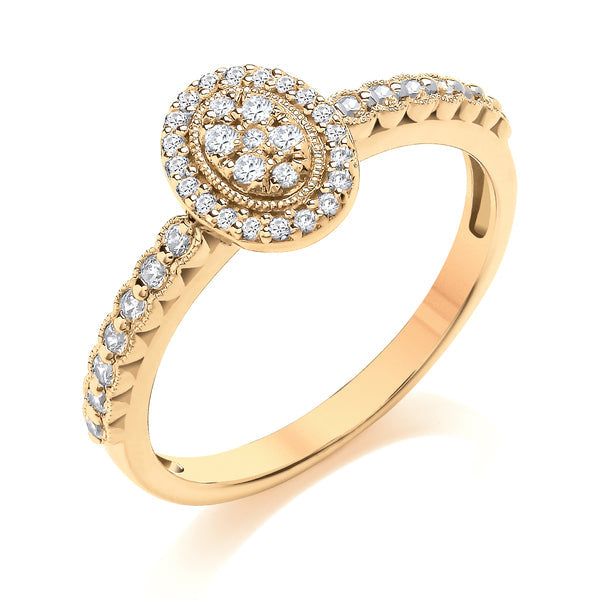 Round Yellow Gold Cluster Ring, Millgrain Bezel Shoulder Set | COM01