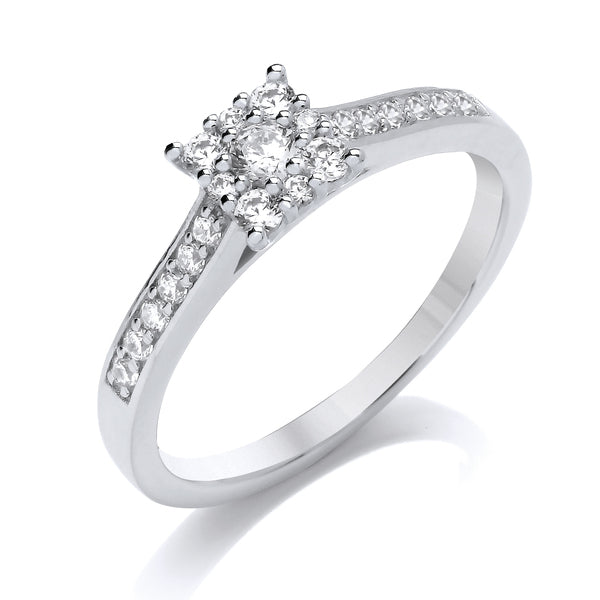 Round Platinum Square Shaped Cluster Ring, Shoulder Set | CPG01