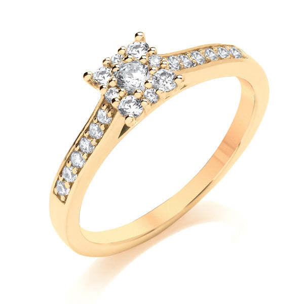 Round Yellow Gold Square Shaped Cluster Ring, Shoulder Set | CPG01
