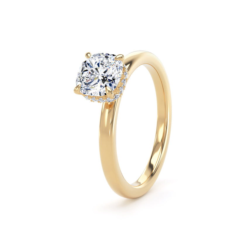 Round Hidden Halo Yellow Gold Ring, Plain Band | SMR CPS01