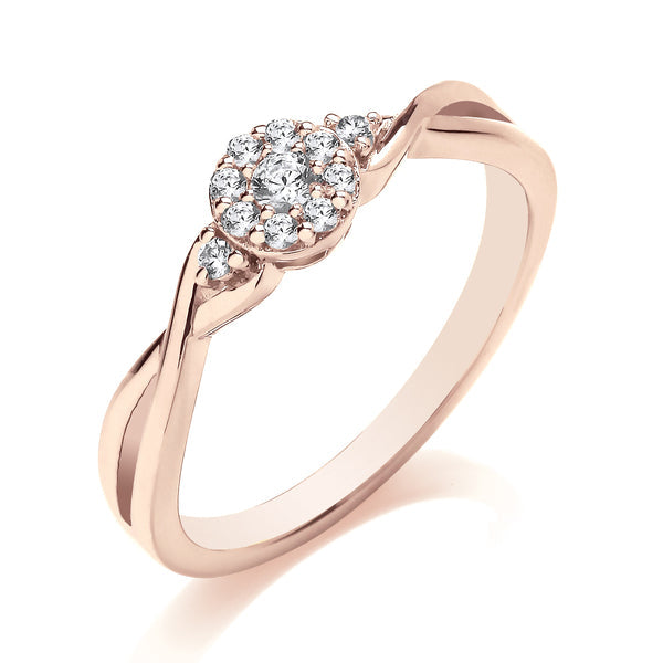 Round Rose Gold Cluster Ring, Twist Side Stones | CRT01