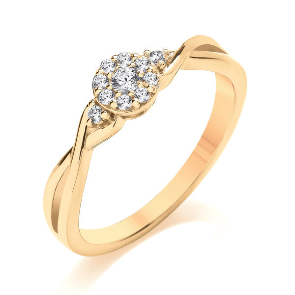 Round Yellow Gold Cluster Ring, Twist Side Stones | CRT01