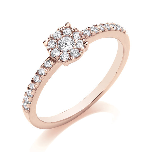 Round Rose Gold Cluster Ring, Fishtail Shoulder Set | CRW02