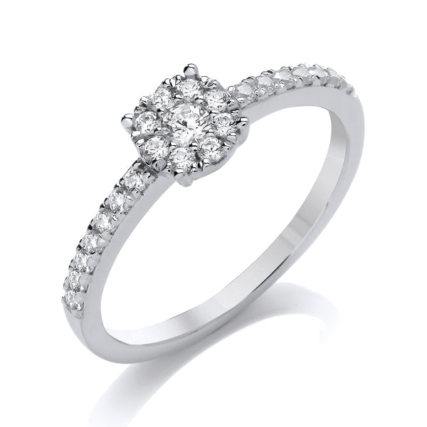 Round White Gold Cluster Ring, Fishtail Shoulder Set | CRW02
