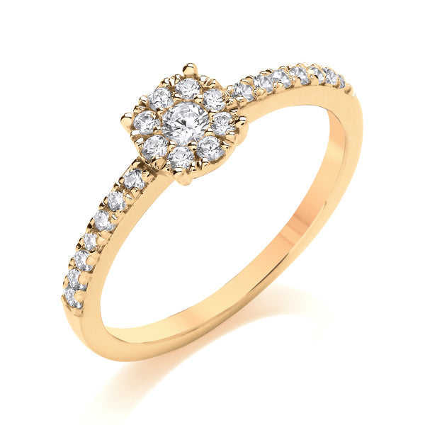 Round Yellow Gold Cluster Ring, Fishtail Shoulder Set | CRW02