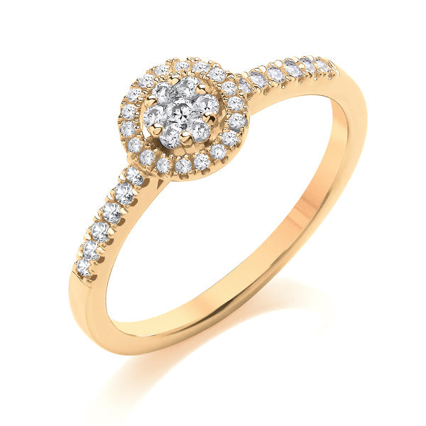 Round Halo Style Yellow Gold Cluster Ring, Shoulder Set | CRW03