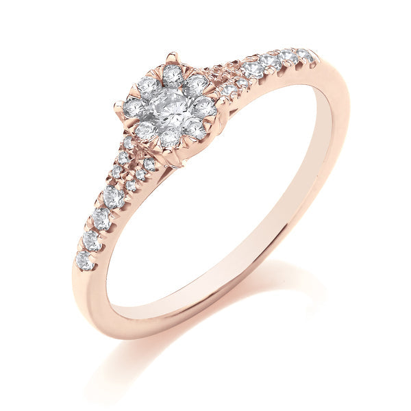 Round Rose Gold Cluster Ring, Split Shoulder Set | CRW04