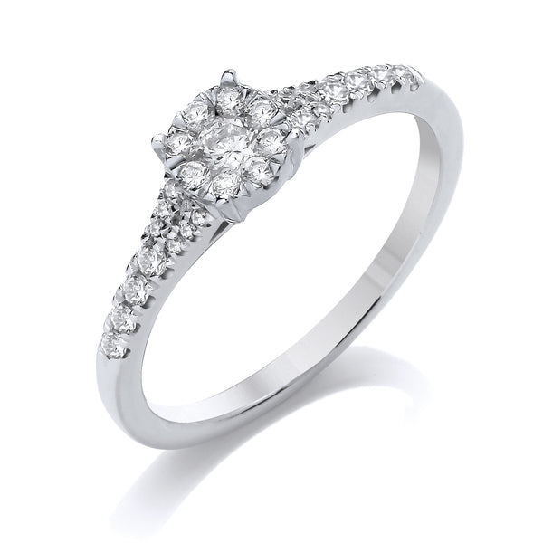 Round White Gold Cluster Ring, Split Shoulder Set | CRW04