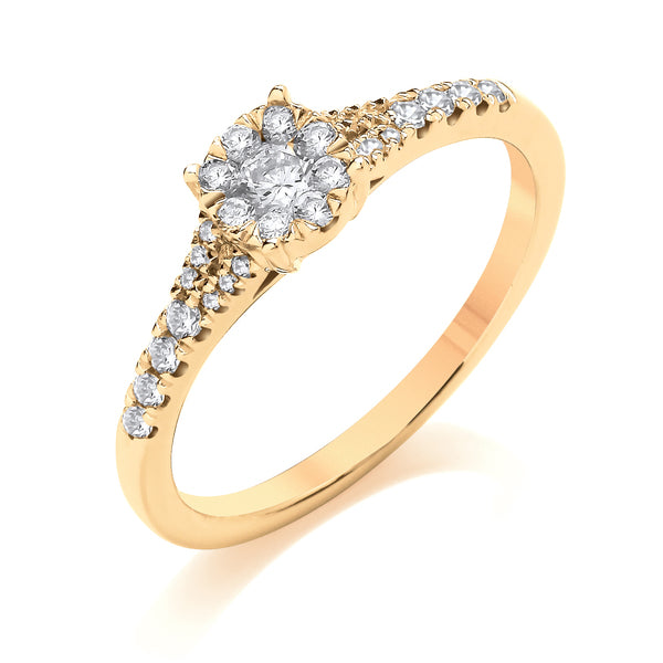 Round Yellow Gold Cluster Ring, Split Shoulder Set | CRW04