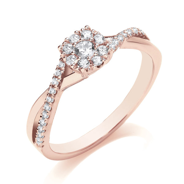 Round Rose Gold Cluster Ring, Twist Shoulder Set | CRW05